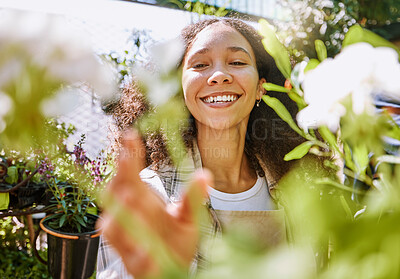 Buy stock photo Flowers, plant and store portrait of black woman, startup small business owner or manager with retail sales choice. Commerce shopping service, florist market and employee with green garden product