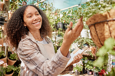 Buy stock photo Plant, nursery and woman worker with checklist doing quality assurance on farming stock. Sustainability, small business and growth, happy florist startup manager in commercial garden checking plants.