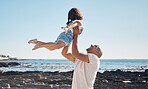 Beach, man holding girl in air and playful for vacation, summer and weekend break. Father swing daughter, relax and bonding at seaside, holiday and loving together for quality time, outdoor and smile