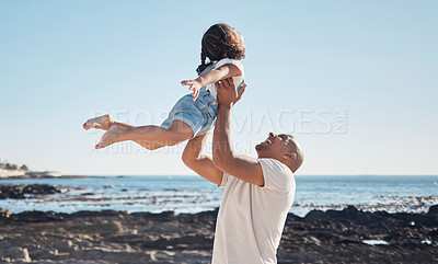 Buy stock photo Beach, man holding girl in air and playful for vacation, summer and weekend break. Father swing daughter, relax and bonding at seaside, holiday and loving together for quality time, outdoor and smile