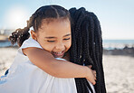 Happy girl, mom and hug on beach for love, care or support on summer vacation, holiday or relax in sunshine. Hugging mother and daughter at ocean, sea or nature for happiness together of black family