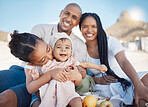 Family, travel and portrait with parents and children outdoor, holiday in Bali with happiness and adventure together. Nature, sun and love with care and picnic with mother, father and kids at beach.