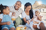 Black family, happy and food picnic on beach with kids to enjoy summer outing together in Cape Town, South Africa. Children, mother and dad relax on sand in nature for bonding in sunshine.