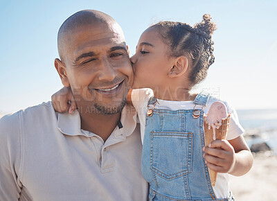 Buy stock photo Father, child and kiss with travel and beach, family together for fun in sun, outdoor and love in portrait. Relationship, bond and trust with holiday in Hawaii, adventure and seaside vacation.