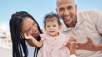 Buy stock photo Happy family, mother and father with a baby at a beach for summer holiday, vacation or weekend in Rio de Janeiro. Relaxing, mom and lovely dad smiles enjoying fun quality time with newborn in Brazil