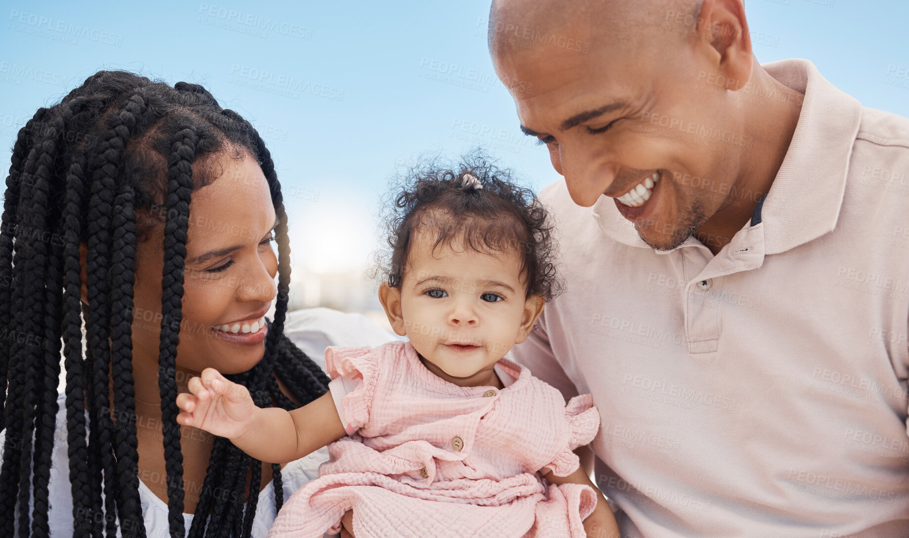 Buy stock photo Mother, father and baby in nature as a happy family on summer holiday vacation in Rio de Janeiro, Brazil. Relaxed father, mom and cute newborn girl love enjoying fun quality time or bonding at beach