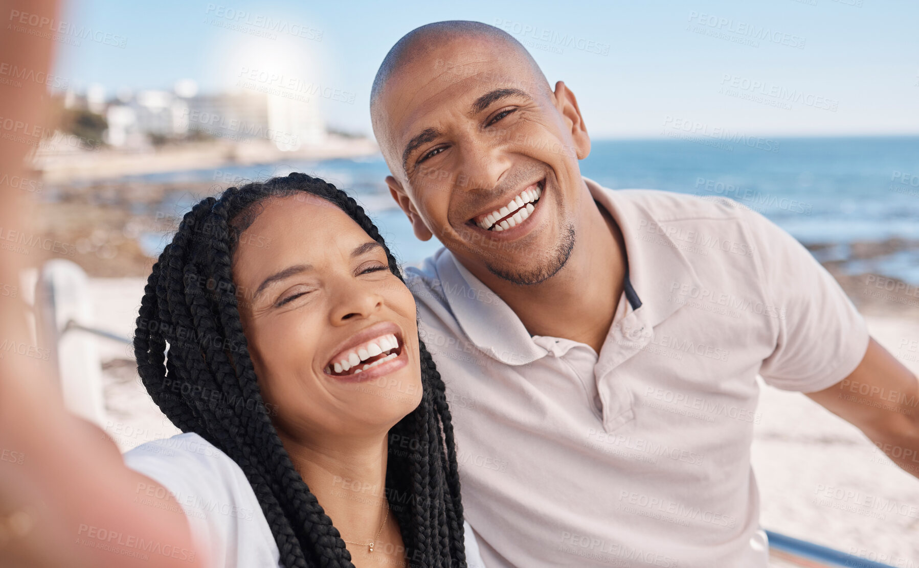 Buy stock photo Holiday selfie, happy and black couple at the beach, honeymoon peace and relax by the ocean in Puerto Rico. Memory, smile and portrait of an excited man and woman with a photo on vacation by the sea