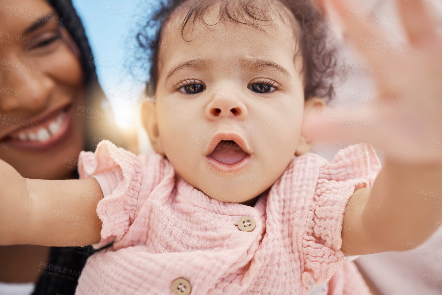 Buy stock photo Face, baby or mom bonding in nature park, garden or backyard environment on mothers day, birthday celebration or Brazilian holiday fun. Zoom, toddler portrait or girl and parent in selfie pov or love