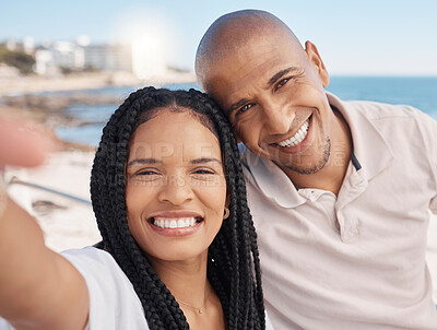 Buy stock photo Love, selfie and portrait of black couple at the beach enjoying summer holiday, vacation and romantic weekend. Traveling lifestyle, adventure and man and woman relax, bond and smile by sea in Miami