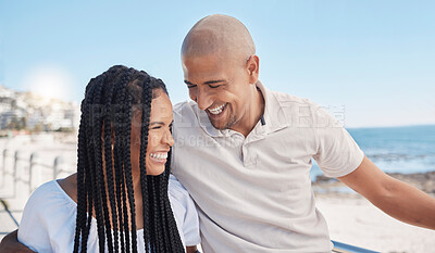 Buy stock photo Love, summer and couple at the beach happy to be on vacation, holiday and romantic weekend in nature. Travelling lifestyle, dating and young man and woman laughing, smile and relax by sea in Miami