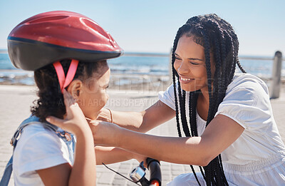 Buy stock photo Mother, child or bike helmet help by beach, city ocean or sea in riding safety, learning security or fun activity protection. Happy smile, bonding mom or girl bicycle and Brazilian cycling transport