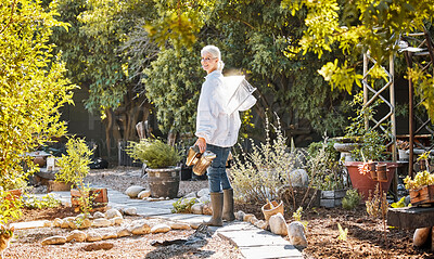 Buy stock photo Woman, beekeeper or garden agriculture on sustainability countryside, honey farm or nature land with hat, smoking tool or equipment. Portrait, smile or happy bees farmer in remote insect production