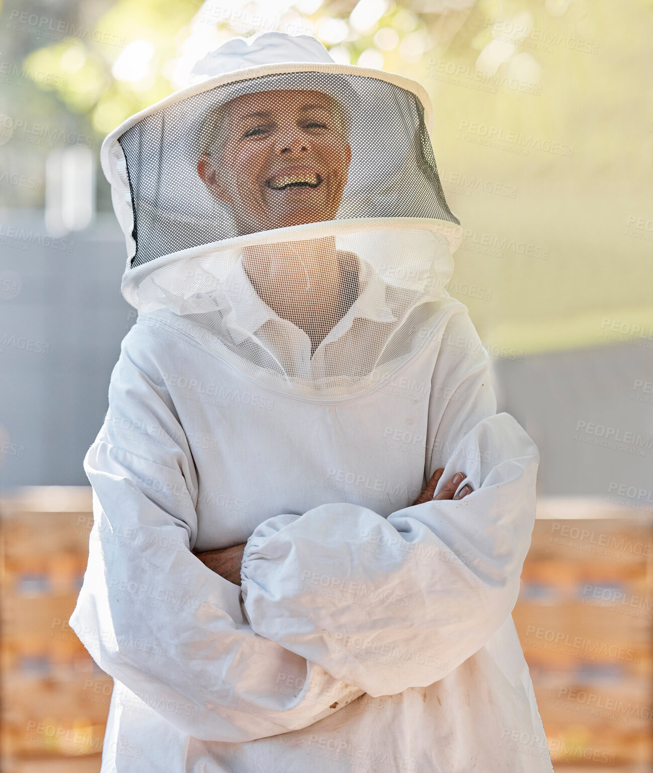 Buy stock photo Beekeeper farmer and happy portrait of woman with cheerful smile in expert ppe and safety uniform. Happiness, pride and confidence of mature beekeeping person in suit for protection on farm. 