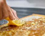 Extraction, beekeeping and hands of a worker with honeycomb, sustainability and natural food on a farm. Agriculture, process and beekeeper with production of eco friendly and organic honey farming