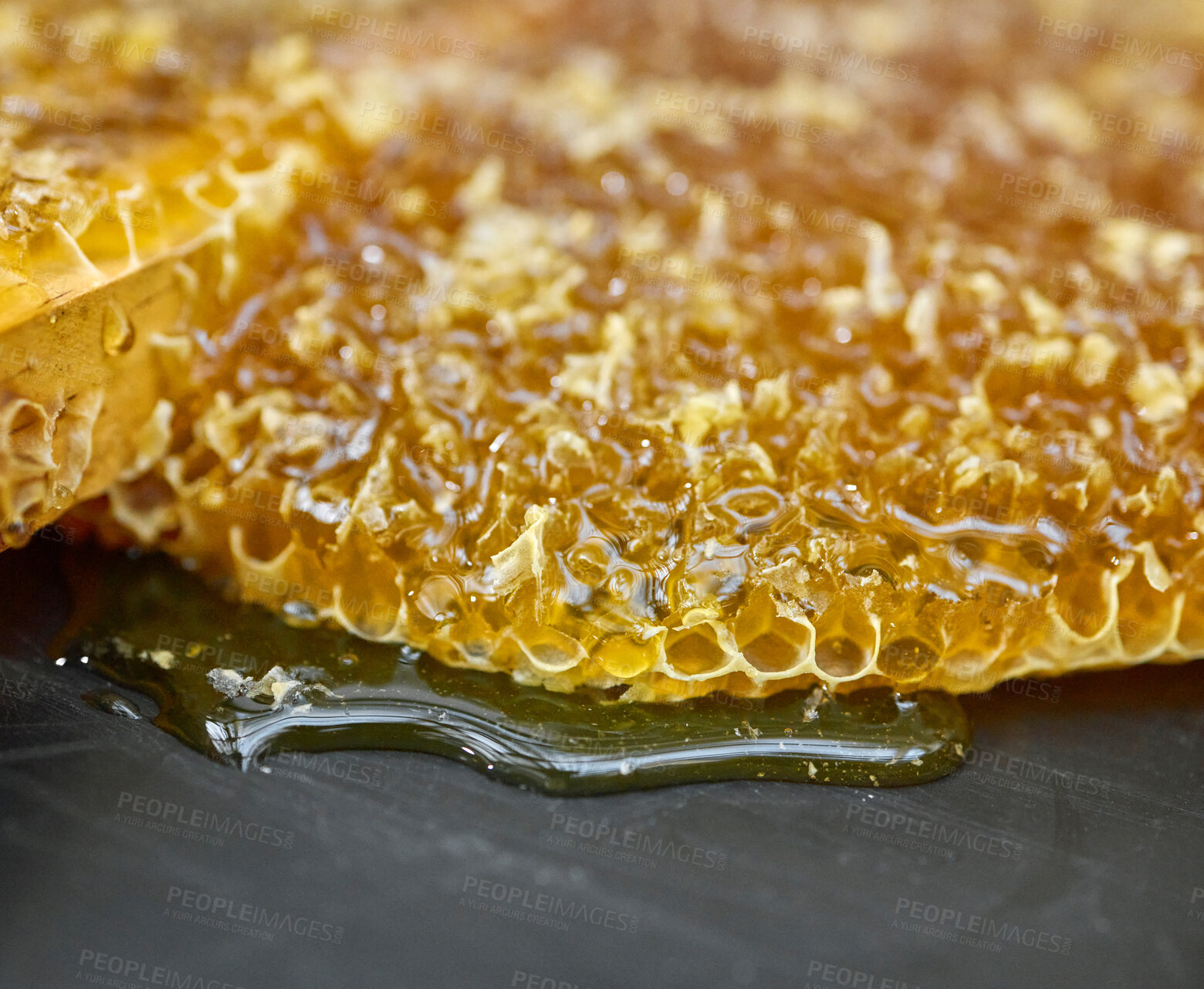 Buy stock photo Closeup honeycomb, natural product and gold food for health, wellness and sweet nutrition at bee farm. Beeswax, honey and zoom of drip, liquid and production for healthy syrup for diet in factory