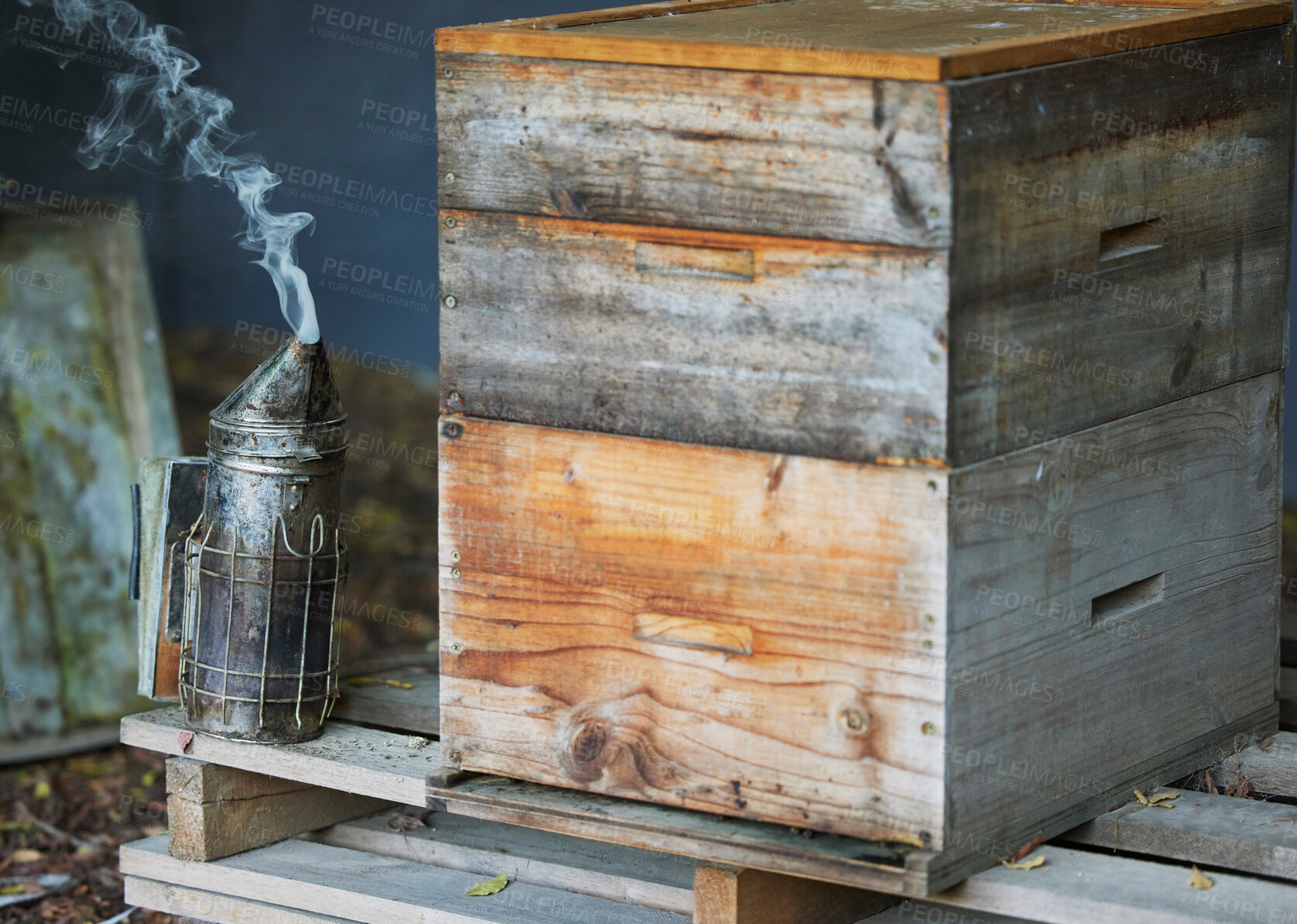 Buy stock photo Wooden box, smoke or beekeeper equipment on sustainability agriculture, countryside environment nature honey farm. Smoking tool, honeycomb container or bees production management for food collection