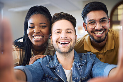 Buy stock photo Diversity, happy students or friends selfie for social media, exam success or comic picture in classroom. Education, smile or people at college with university mindset or academic portrait in campus