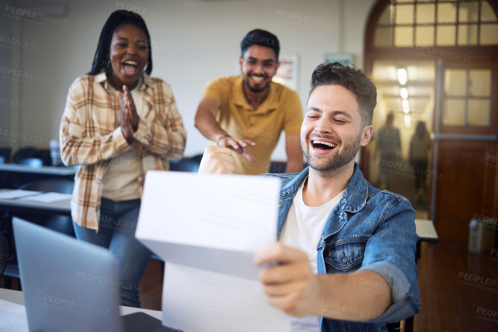 Buy stock photo Happy students, university and reading results, document and letter with success for exam, test report and education goals. College, friends and achievement on paper, notes or scholarship information