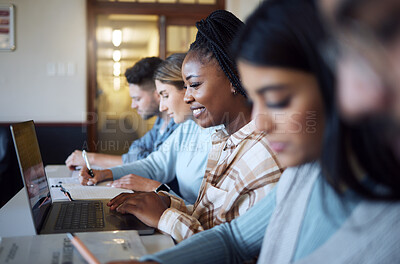 Buy stock photo Black woman, education and student with university, laptop for study and research for project in campus library. Learning, scholarship and college, happy online for school work and typing report.