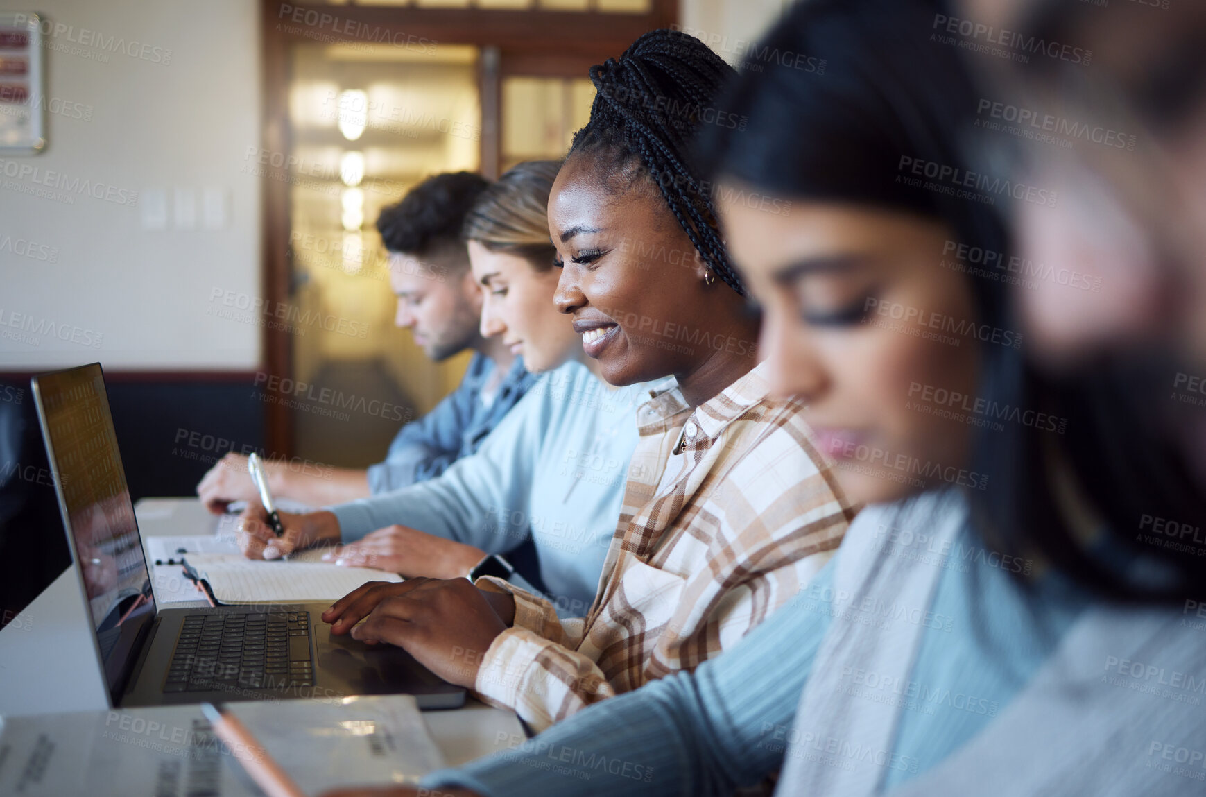 Buy stock photo Black woman, education and student with university, laptop for study and research for project in campus library. Learning, scholarship and college, happy online for school work and typing report.