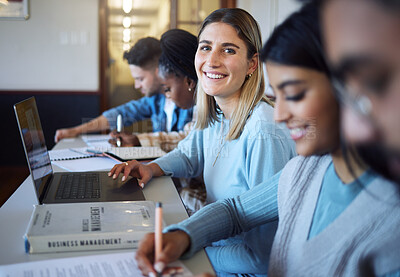 Buy stock photo University, education and students in lecture learning and studying business management. College, education scholarship and portrait of happy girl with laptop, books and friends in modern classroom.