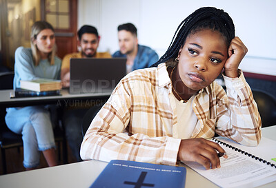 Buy stock photo Sad, studying and African student with vision for future, thinking of exam and burnout from education at college. Depression, tired and bored woman with stress, anxiety and frustrated in a classroom