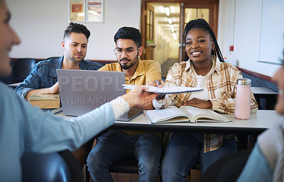 Buy stock photo University, students and group project with teamwork sharing paper, documents and information for research homework. College, student diversity and friends working together for marketing presentation