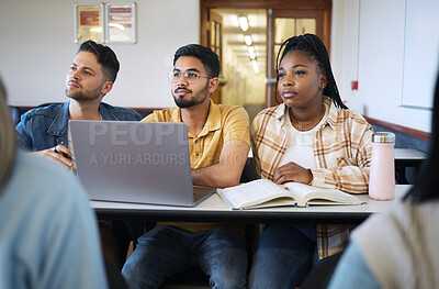 Buy stock photo Students, diversity or laptop in school classroom, lecture or lesson on college, university or education campus. Men, black woman or study people with technology, research textbooks or learning goals