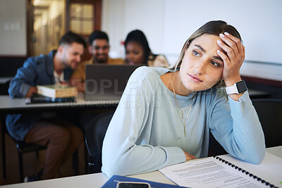 Buy stock photo Stress, education and study with woman in classroom for exhausted, mental health and anxiety in college. Learning, books and exam with girl university student for fatigue, tired and burnout in school