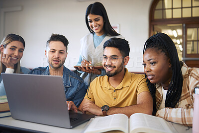 Buy stock photo Laptop, study and students with group project for online course, e learning and education with diversity, happy and teamwork. Research video, studying and university student friends in a classroom