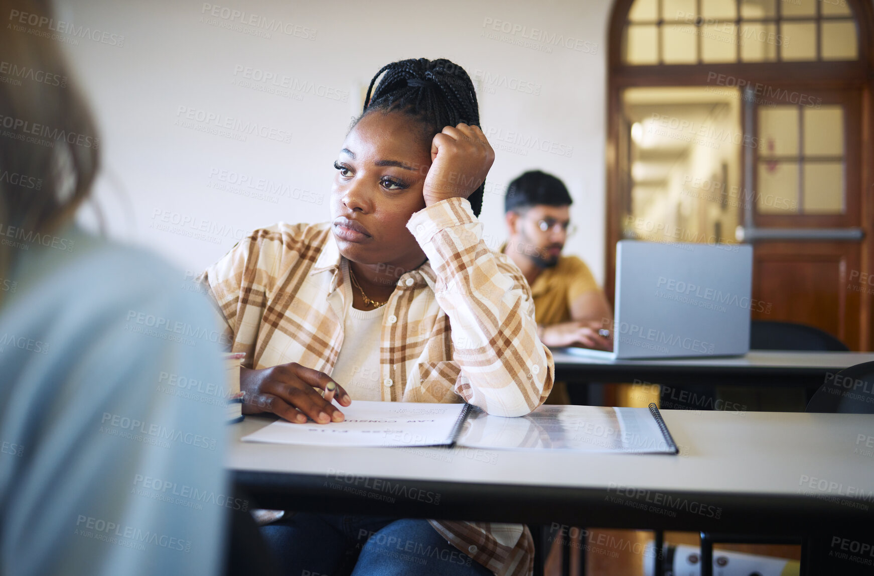 Buy stock photo Black woman, student and depression with mental health and education burnout, sad while learning and depressed female. Anxiety about test, college fear and university fail with academic crisis. 