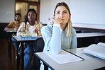 University, education class and lecture listening with a girl student ready to take notes for exam. Learning, studying and classroom working of students in college hearing school test information 