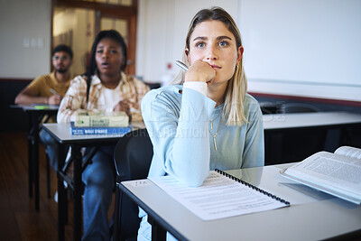 Buy stock photo University woman, education class and lecture listening with a student ready to take notes for exam. Learning, studying and classroom working of students in college hearing school test information 