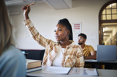 Buy stock photo College student, black woman and hands to answer question in classroom for teaching, school education or learning. University student with raised hand for asking questions, studying or campus lecture