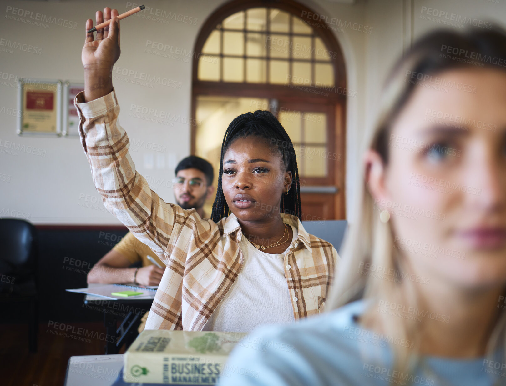 Buy stock photo Question, black woman and student in a business management class ready for learning. Questions, education and university seminar of a woman in a college learning and studying in a school classroom