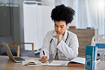 Black woman, doctor and writing in office for results, planning or prescription with focus for wellness. African woman, medical expert and notebook for healthcare, thinking and idea at hospital desk
