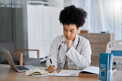 Buy stock photo Black woman, doctor and writing in office for results, planning or prescription with focus for wellness. African woman, medical expert and notebook for healthcare, thinking and idea at hospital desk