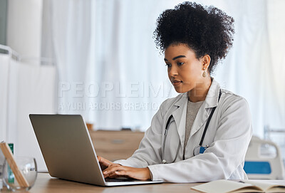 Buy stock photo Doctor, laptop and research in office for healthcare, medicine and cancer surgery preparation, serious and focus. Black woman, health expert and online, internet and search for medical innovation 