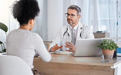 Buy stock photo Healthcare, consultation and doctor talking to woman in after checkup, medical appointment and diagnosis. Wellness, support and medical worker in discussion with female patient in hospital or clinic