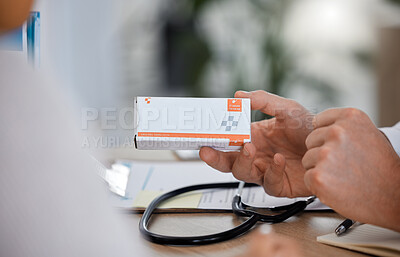 Buy stock photo Hand, doctor and pills for healthcare, medicine and treatment in office with patient closeup. Hands, medication and box by medical expert for prescription, health and recovery during hospital consult