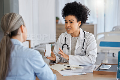 Buy stock photo Doctor, healthcare and consultation for medicine prescription for covid, flu or cold. Wellness, corona and elderly woman consulting black female medical physician for cough mixture in hospital office