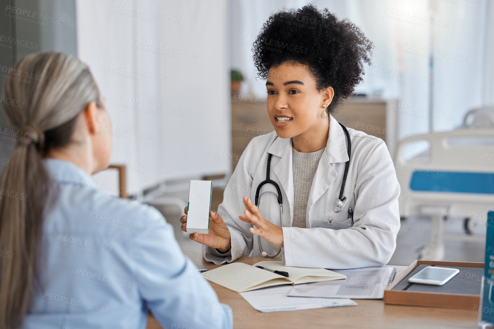 Buy stock photo Doctor, healthcare and consultation for medicine prescription for covid, flu or cold. Wellness, corona and elderly woman consulting black female medical physician for cough mixture in hospital office