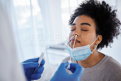 Buy stock photo Covid, health and medical test with black woman, nasal swab and doctor with patient, healthcare and face mask. Sample collection for PCR, diagnosis and health care, covid 19 compliance and safety.
