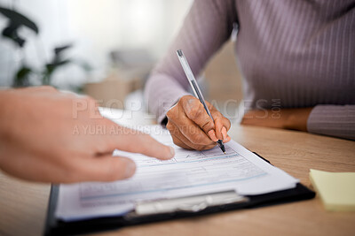 Buy stock photo Healthcare, documents and writing with a patient hand using a pen in a doctor office for insurance information. Hospital, paper or contract with a black woman signing a form during medical consulting