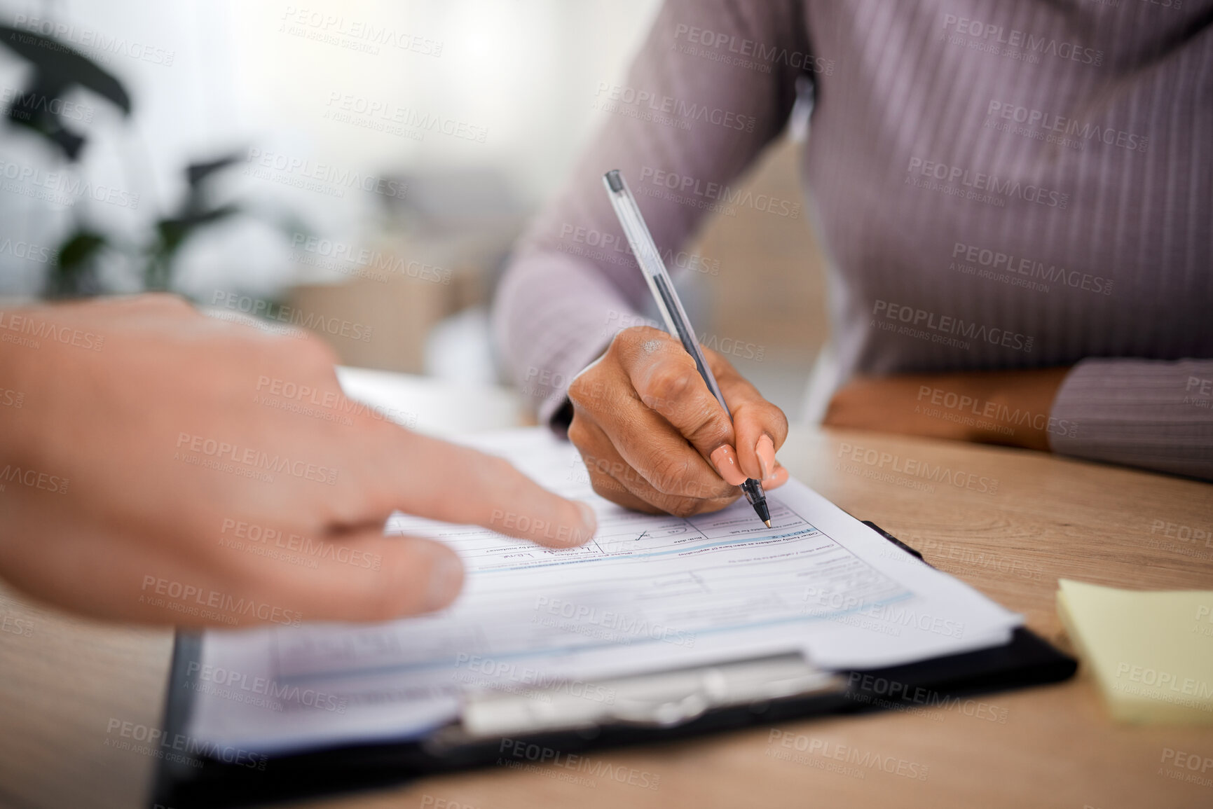 Buy stock photo Healthcare, documents and writing with a patient hand using a pen in a doctor office for insurance information. Hospital, paper or contract with a black woman signing a form during medical consulting