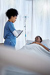 Consultation, black woman in hospital bed and nurse with clipboard for symptoms, questions or results. Health, wellness and sick patient consulting medical worker with checklist for help or recovery