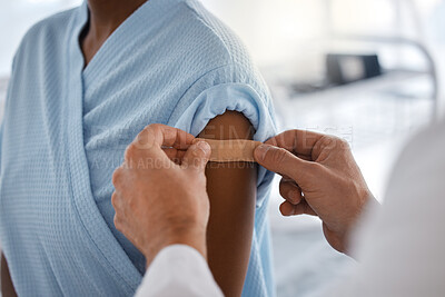 Buy stock photo Healthcare, vaccination and patient with plaster from doctor in consultation room of hospital. Medicine, specialist and medical professional with bandage for woman after injection at medicare clinic.
