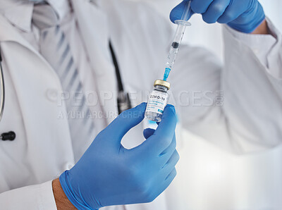Buy stock photo Covid, doctor with needle and vaccine injection for health, cure and protection. Medical professional, hands and vaccination against corona, virus and illness safety, procedure, closeup or healthcare