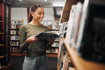 Buy stock photo Reading, library book and woman student with a smile about learning, books and college study. University, education and happy woman with research, scholarship and studying report for a knowledge test