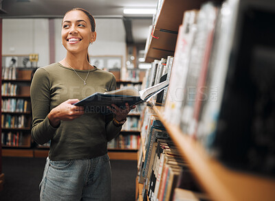 Buy stock photo Student, happy and reading books in library for education learning or university research in bookstore. Bookshelf, college girl and thinking for studying, innovation ideas vision or fiction happiness